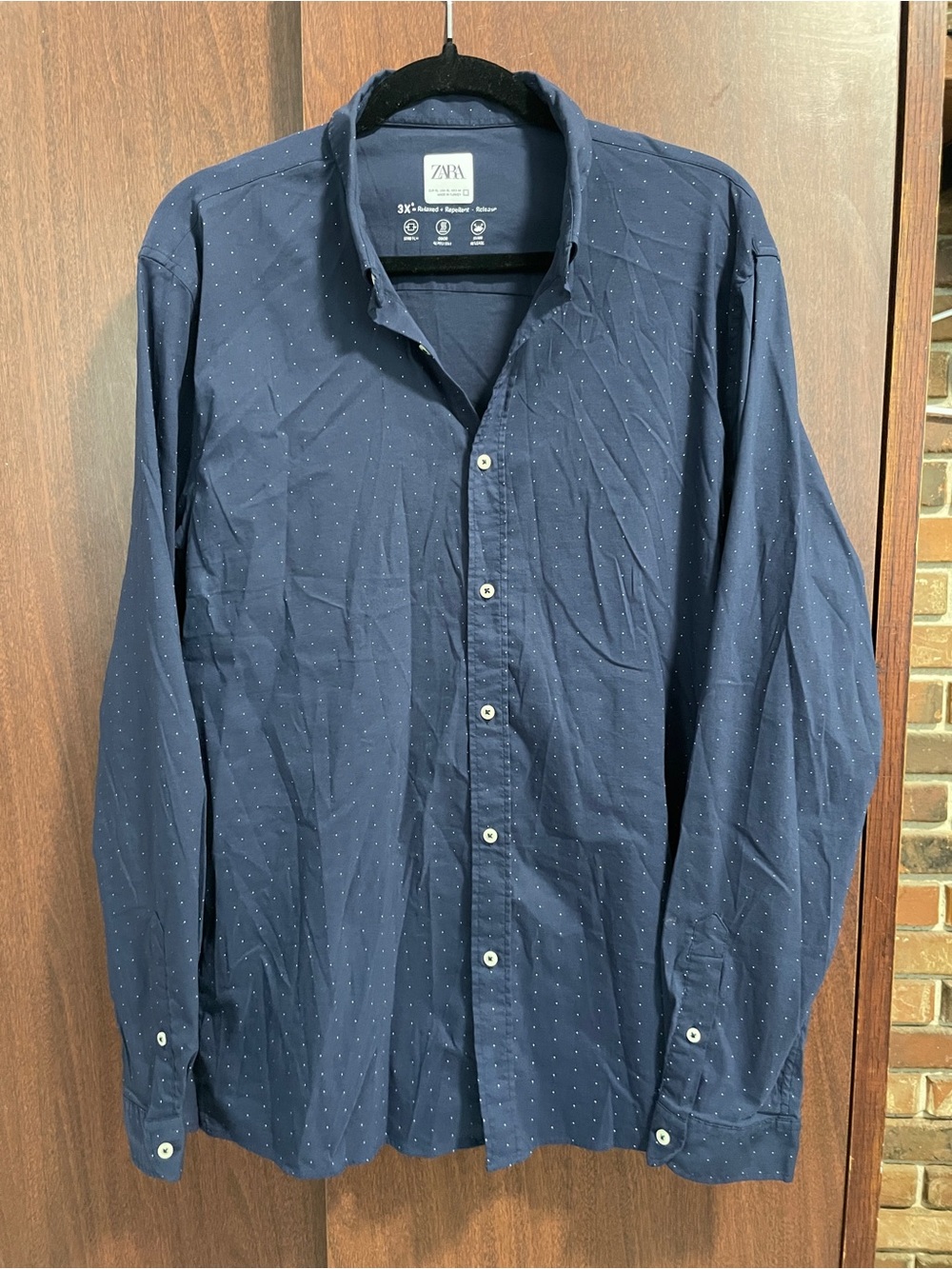 Zara Men's Navy Blue Micro Dot Long-Sleeve Button-Down Shirt